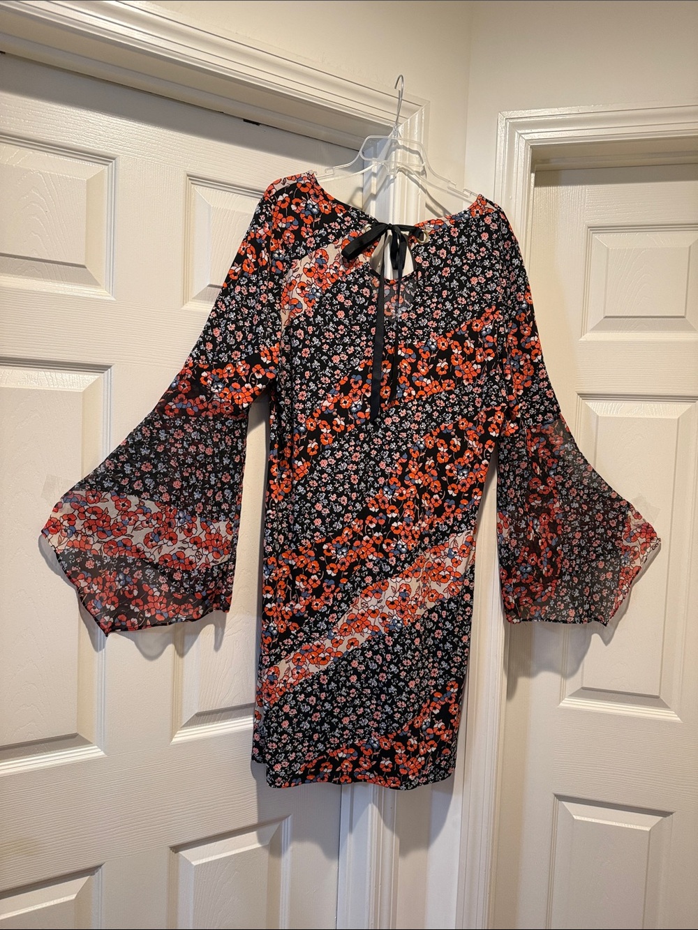 Black Floral Bell-Sleeve TieBack Mini Autumn Boho Gypsy Dark Romance Dress XL - Picture 5 of 10